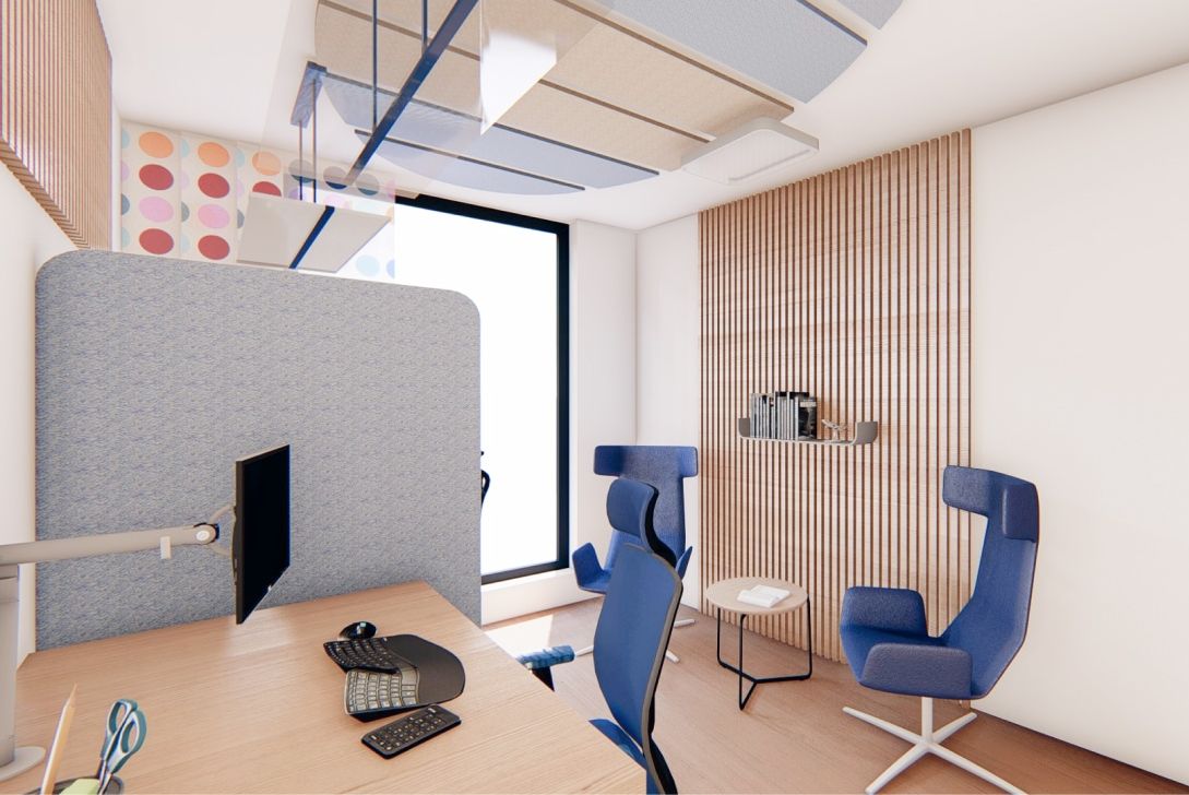 Vizualizace domácí kanceláře s ergonomickými křesly a vybavením